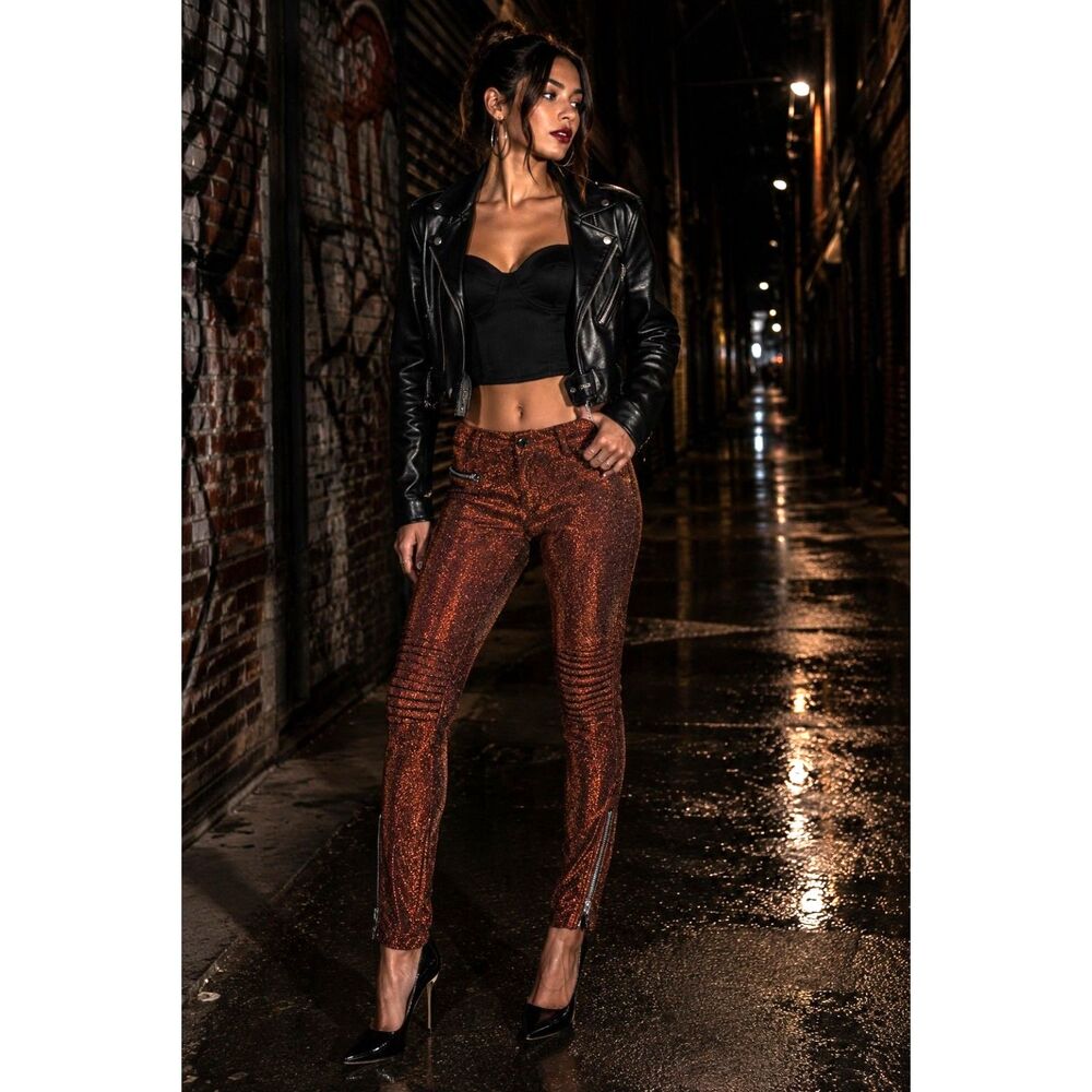 Elizabeth and James Metallic Copper Moto Leggings Small Zipper Ankle Shimmer